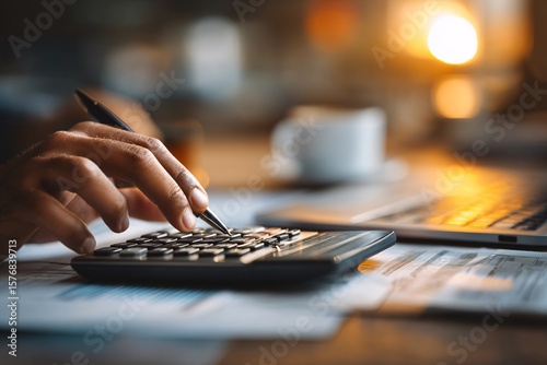 Close-Up of Hand Using Calculator for Financial Analysis at Desk