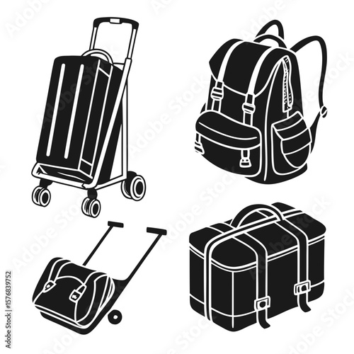 Black luggage silhouettes travel bags backpacks wheeled cases vector