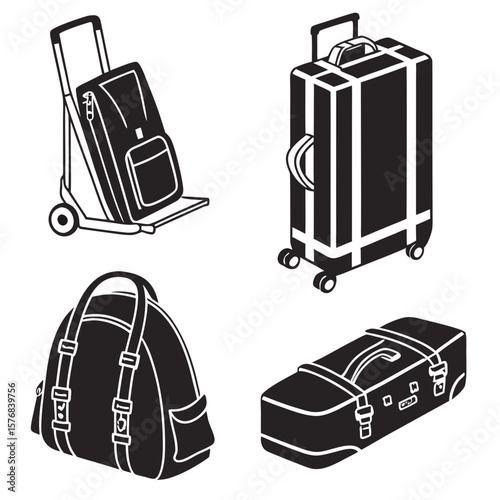 Black luggage silhouettes travel bags duffel bags wheeled suitcases vector