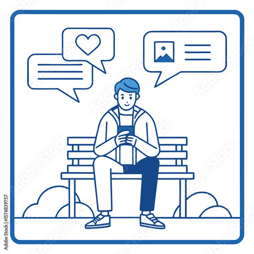 Young man using smartphone on park bench with social media notifications