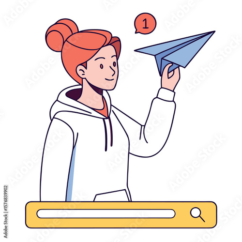 Young woman sending paper airplane from search bar with notification alert above head