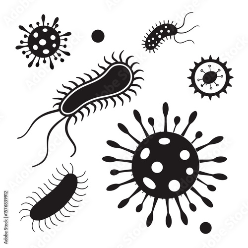 Black silhouette bacteria and virus shapes on white microscopic biology