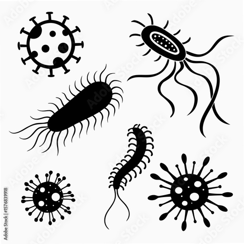Black silhouette bacteria and virus shapes on white microscopic