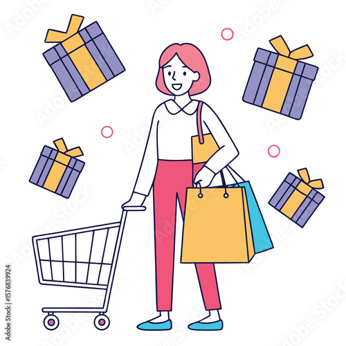 Happy Shopper Pushing a Cart Surrounded by Gift Boxes and Shopping Bags