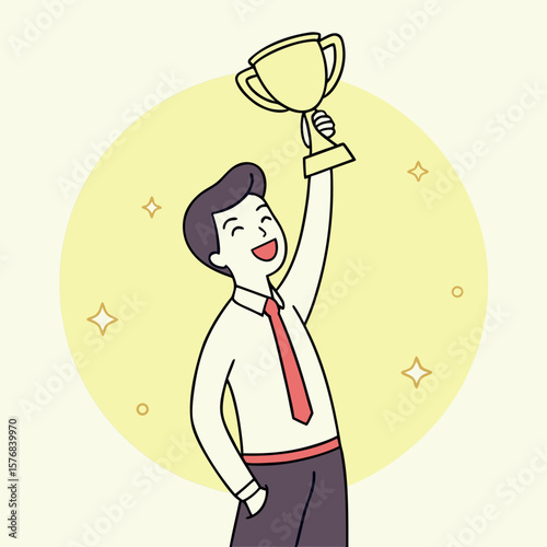 Businessman celebrating a successful victory holding a golden trophy high in the air