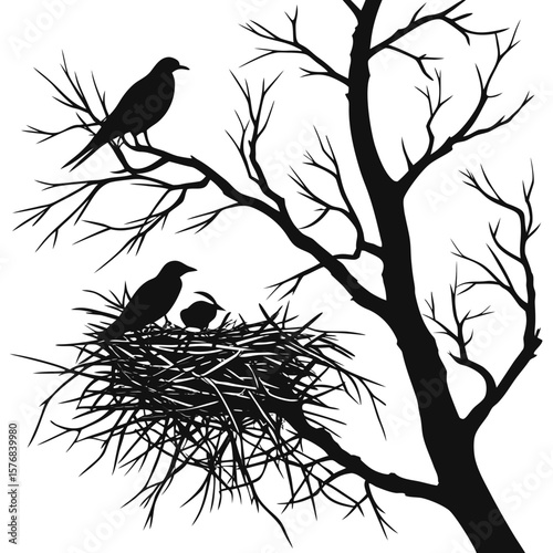Black silhouette of birds in a nest on a bare tree vector