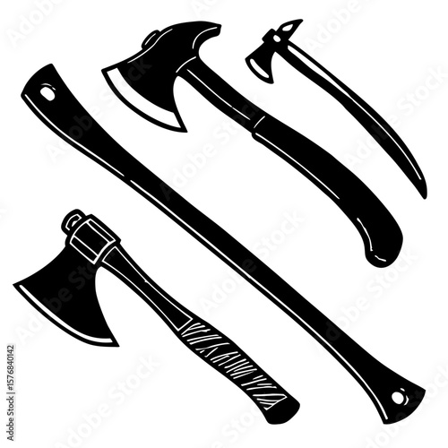 Black silhouettes of axes and woodcutting tools hatchet tomahawk