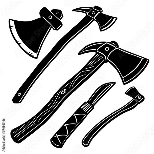 Black silhouettes of axes and woodcutting tools hatchet tomahawk