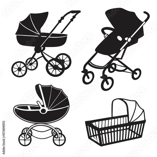 Black silhouettes of baby transport vehicles and cradle baby stroller baby carriage