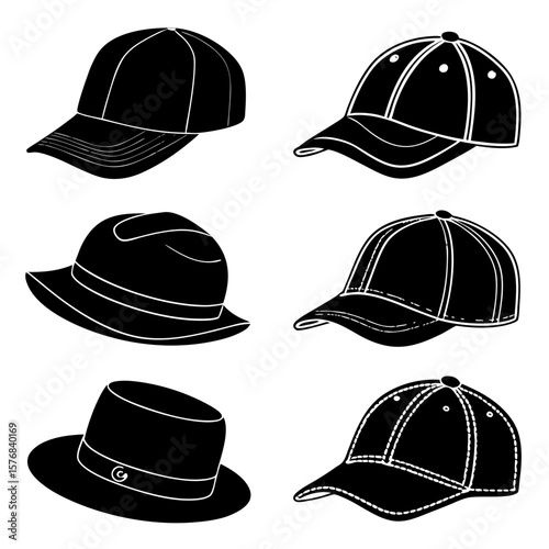 Black silhouettes of baseball caps and fedora hats headwear fashion