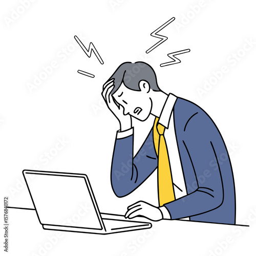 Man experiencing stress and headache while working on his laptop
