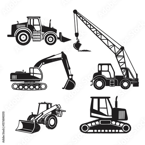 Black silhouettes of construction vehicles digging and moving materials excavator