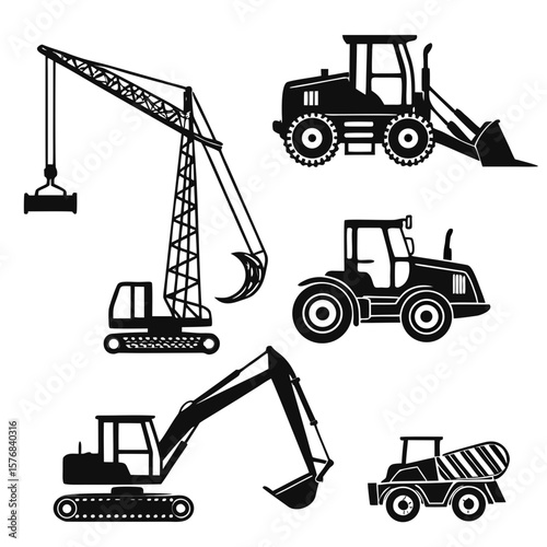 Black silhouettes of construction vehicles including crane excavator loader and cement mixer