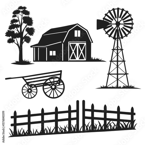 Black silhouettes of farm elements including a barn windmill cart and fence vector