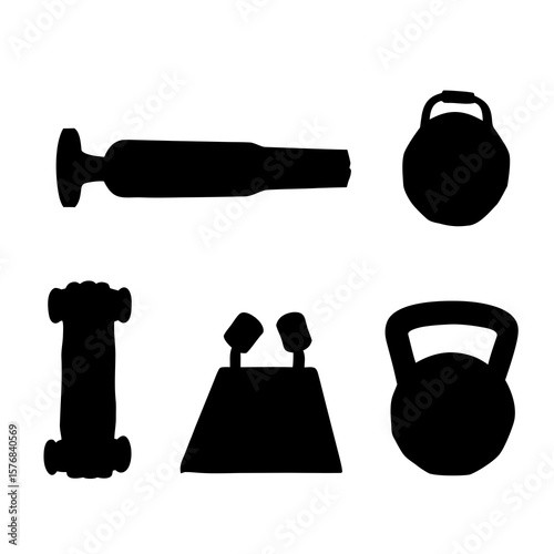 Black silhouettes of gym equipment including kettlebells and dumbbells fitness