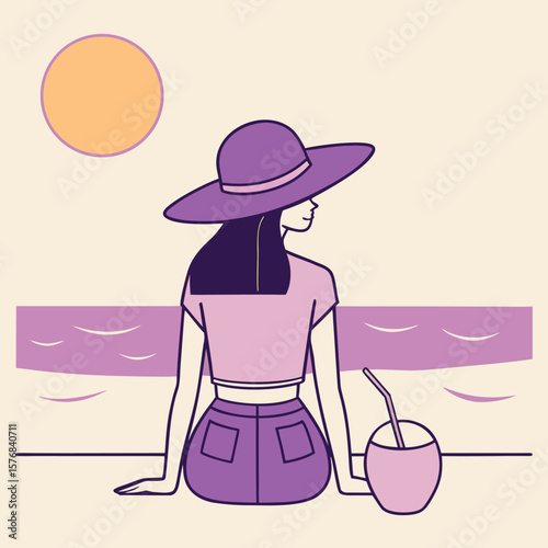 Woman in a Hat Enjoys a Tropical Drink by the Ocean