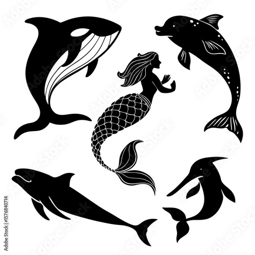 Black silhouettes of marine life and mythical creature whale orca