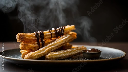 Close up of golden brown churros dusted with sugar, drizzled with melted chocolate, and steaming on a dark plate. A small bowl of chocolate sauce is nearby.