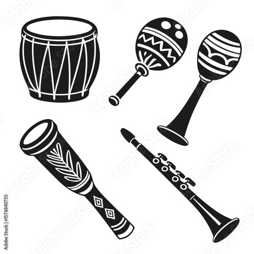 Black silhouettes of musical instruments on white background drum maracas