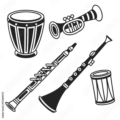 Black silhouettes of musical instruments on a white background trumpet clarinet
