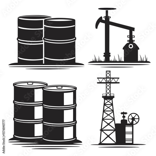 Black silhouettes of oil barrels and drilling equipment pipeline oil rig