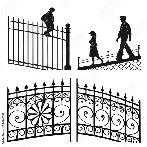 Black silhouettes of people and ornate gates woman child