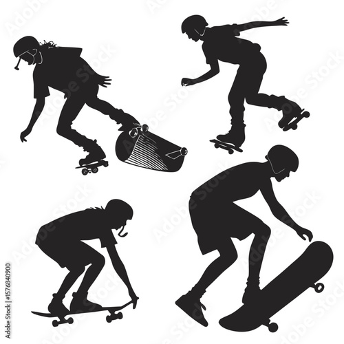 Black silhouettes of skateboarders and roller skaters performing tricks action
