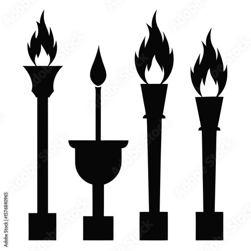 Black silhouettes of torches and candle with flames fire light