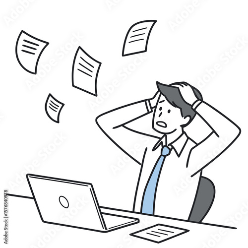 Overwhelmed Office Worker Experiencing a Crisis with Falling Documents and Laptop