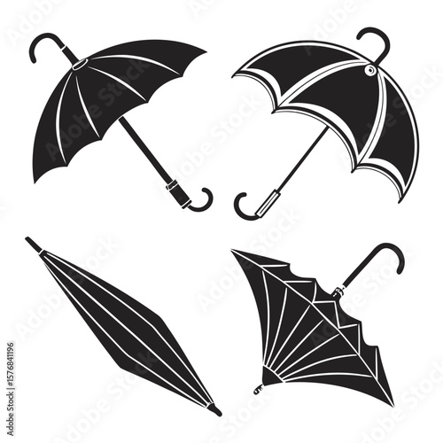 Papier peint Black umbrellas open folded and windblown silhouettes open umbrella folded umbre