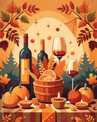 Autumn Harvest Still Life with Wine Pumpkins and Candles in Warm Tones for Thanksgiving