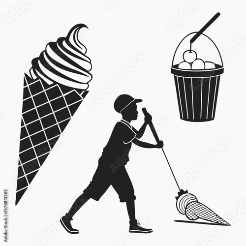 Boy with ice cream cone and bucket of cherries silhouette