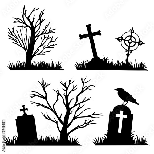 Foto Cemetery scene silhouettes bare trees gravestones crosses crow graveyard