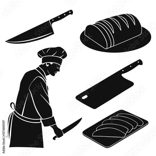 Chef preparing food with knives and bread cooking kitchen