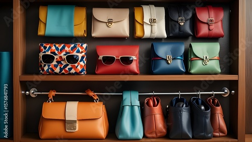 A neatly organized shelf with small purses, sunglasses, and scarves 