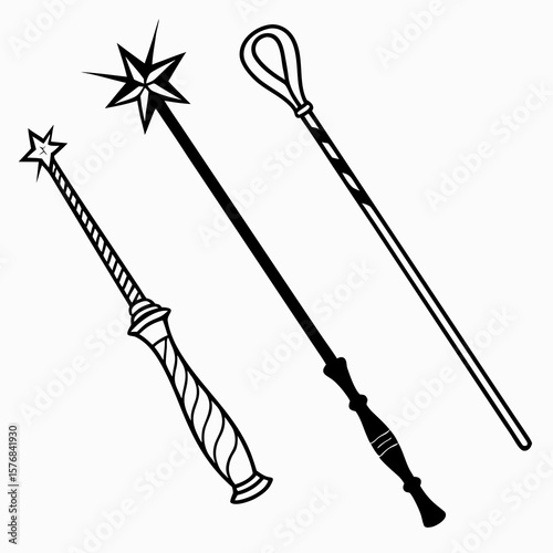 Collection of three distinct wizard magic wand silhouettes sorcerer spellcasting