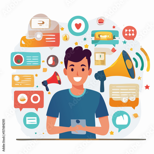 Artistic concept vector of a modern individual swamped by non-stop digital notifications�symbolizing today�s fast-paced media overload and tech fatigue