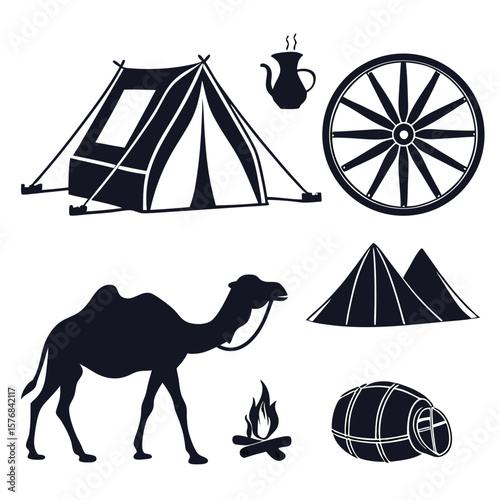 Desert caravan scene with camel tent pyramids campfire and barrel travel silhouette
