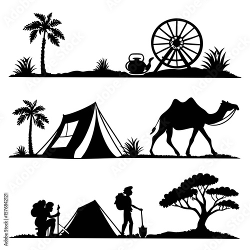 Desert Caravan Scenes With Palm Trees And Camel travel silhouette