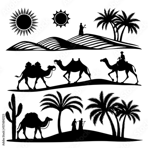 Desert caravan with camels and palm trees oasis