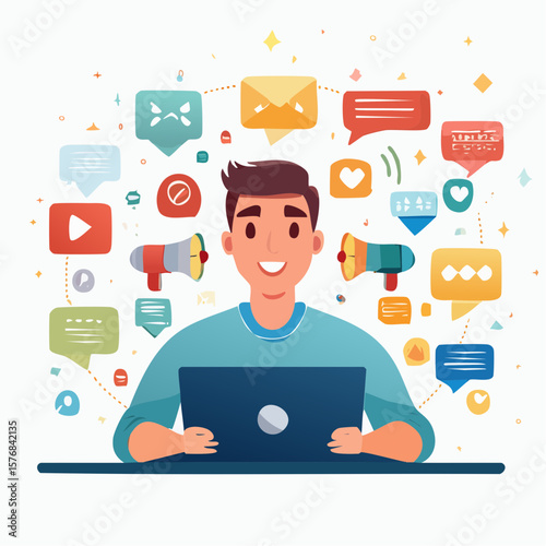 Vector illustration of a person feeling overwhelmed by a flood of digital news alerts, surrounded by floating icons, screens, and symbols representing media saturation