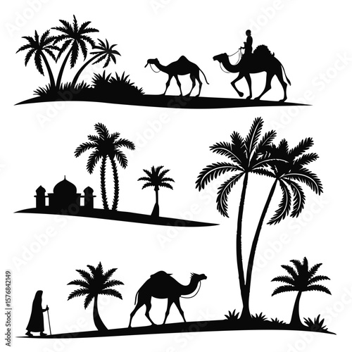 Desert landscape silhouettes with camels and palm trees vector