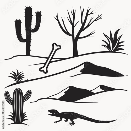 Desert landscape with cacti lizard and bone cactus