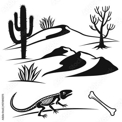 Desert landscape with cactus skeleton and bone vector