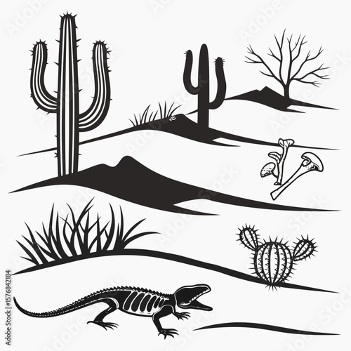 Desert landscape with cacti lizard and dry tree saguaro prickly pear