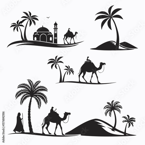 Desert Oasis Camel Caravan Scenes palm trees