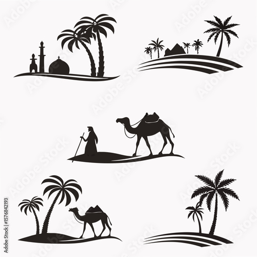 Desert Oasis Scenes With Camels And Palm Trees caravan