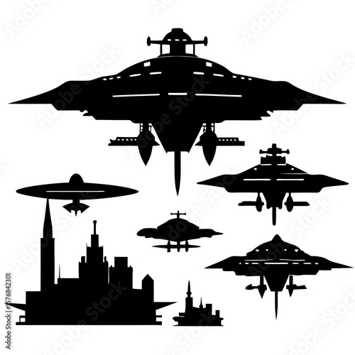 Diverse alien spacecraft hovering over futuristic cityscapes flying saucers science fiction