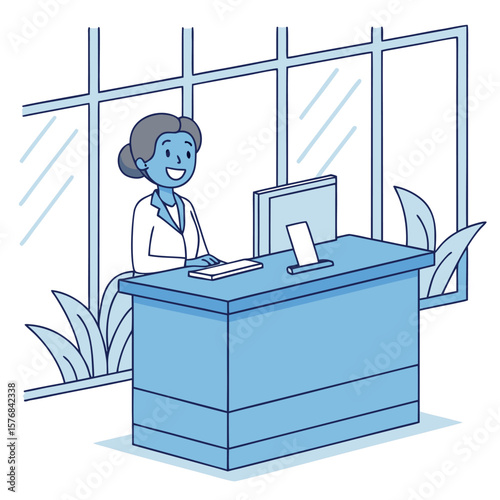 Friendly receptionist at a modern office desk assisting visitors