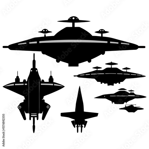 Diverse black alien spacecraft silhouettes on white flying saucer spaceship